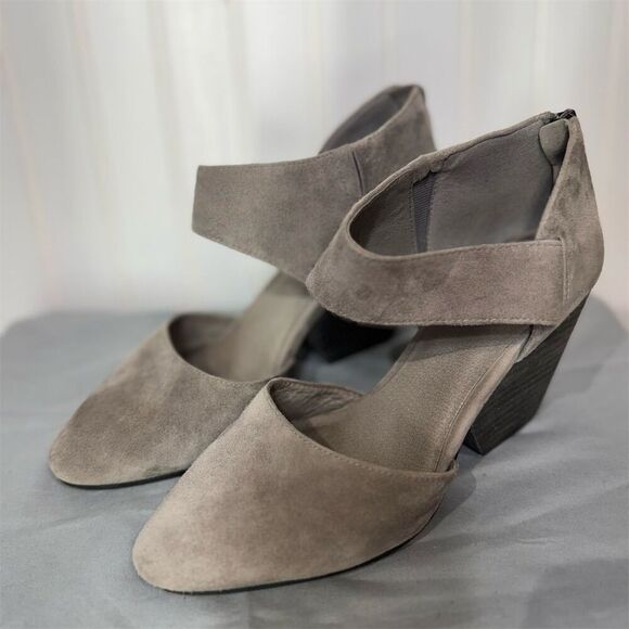 Eileen Fisher Suede Ankle Strap Block Heel Pumps Taupe Gray Size 7 Vero Cuoio - Picture 4 of 8